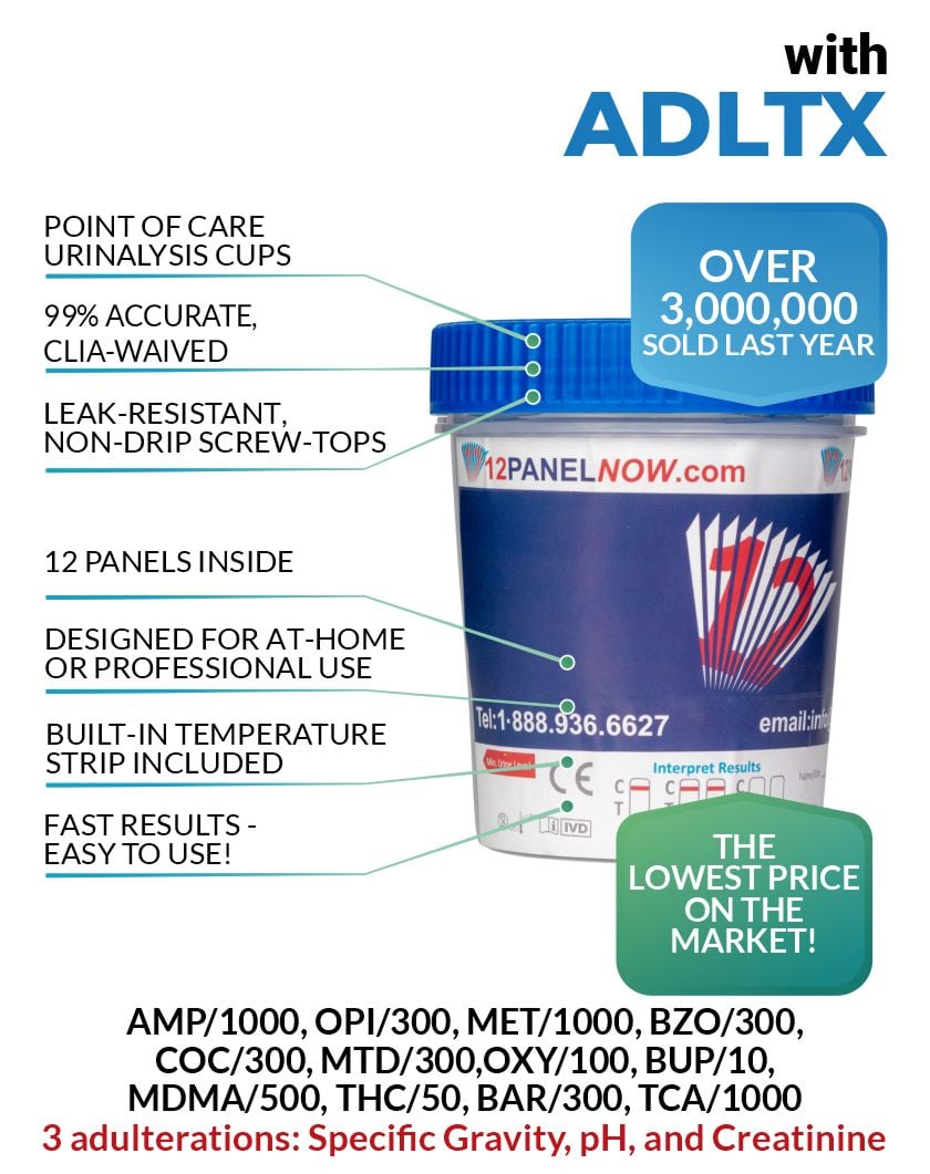 12 Panel Test Cup, CLIA Waived with Adulterations, SALE! Low Price $1.79