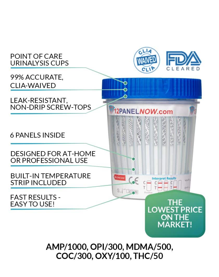6 Panel Drug Test Cup with AMP, OPI, BZO, COC, OXY and BUP, CLIA Waived, Low price $1.49